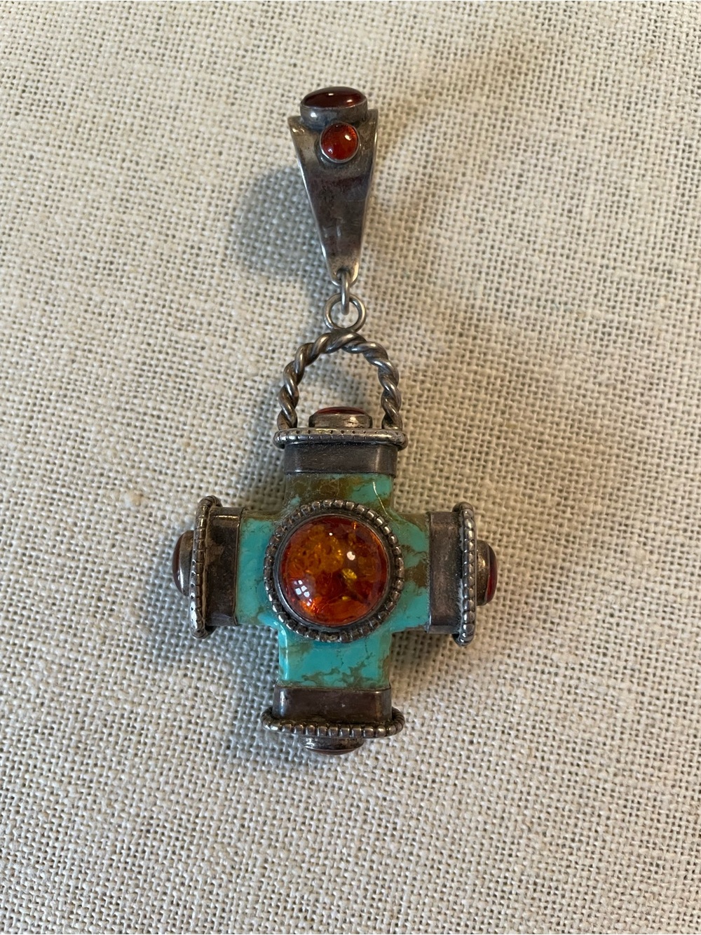 LARGE Reversible Sterling Silver, Turquoise, and Amber Cross Pendant